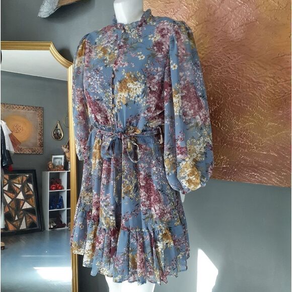 Chicwish Floral Mini Dress - Blue and Pink - Picture 2 of 13